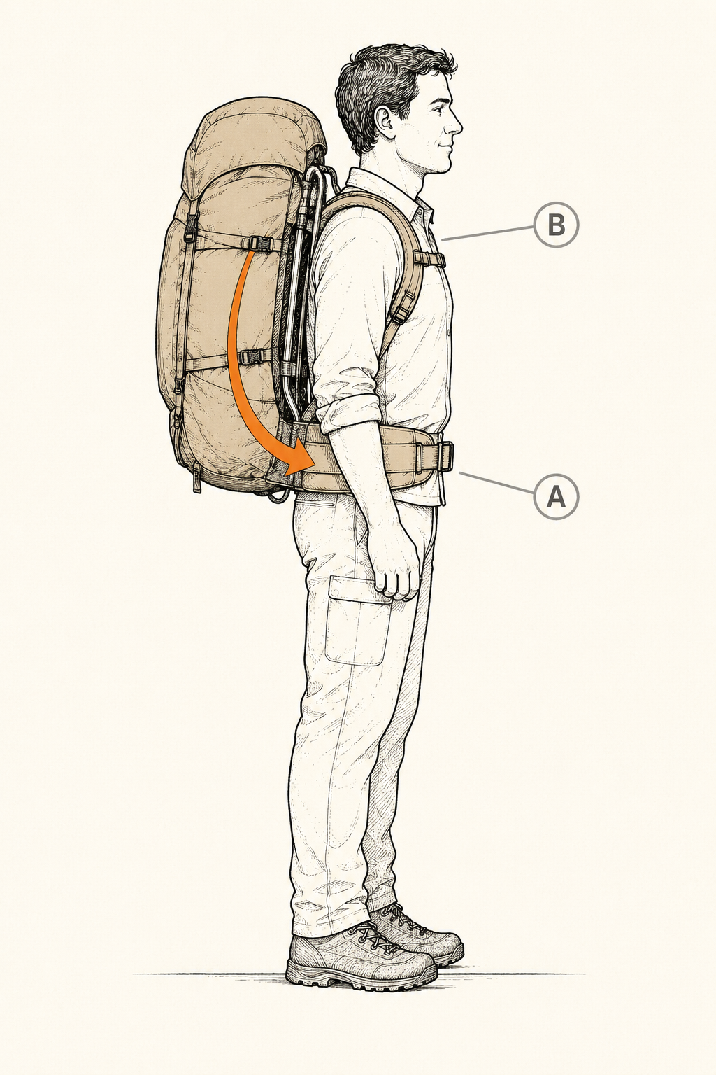 Diagram of a loaded backpack on a figure showing about 80 percent of weight resting on the hips and 20 percent on the shoulders