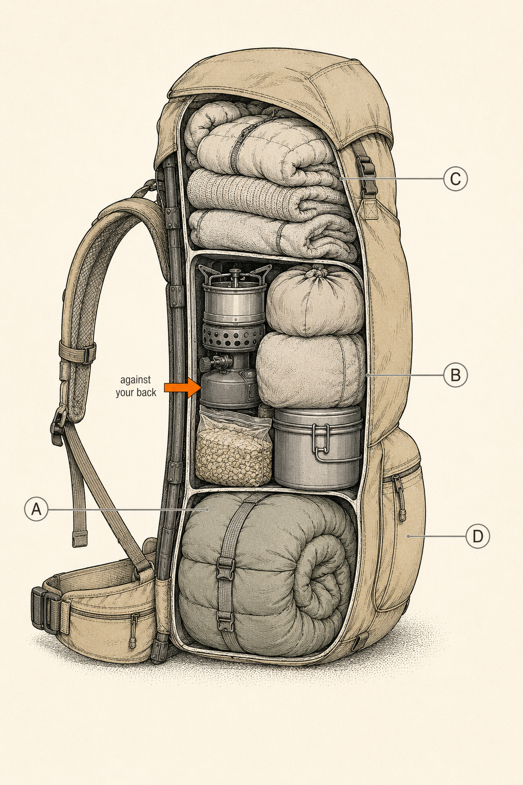 Cutaway of a loaded backpack showing sleeping bag at the bottom, heavy items in the middle against the back, and medium items on top