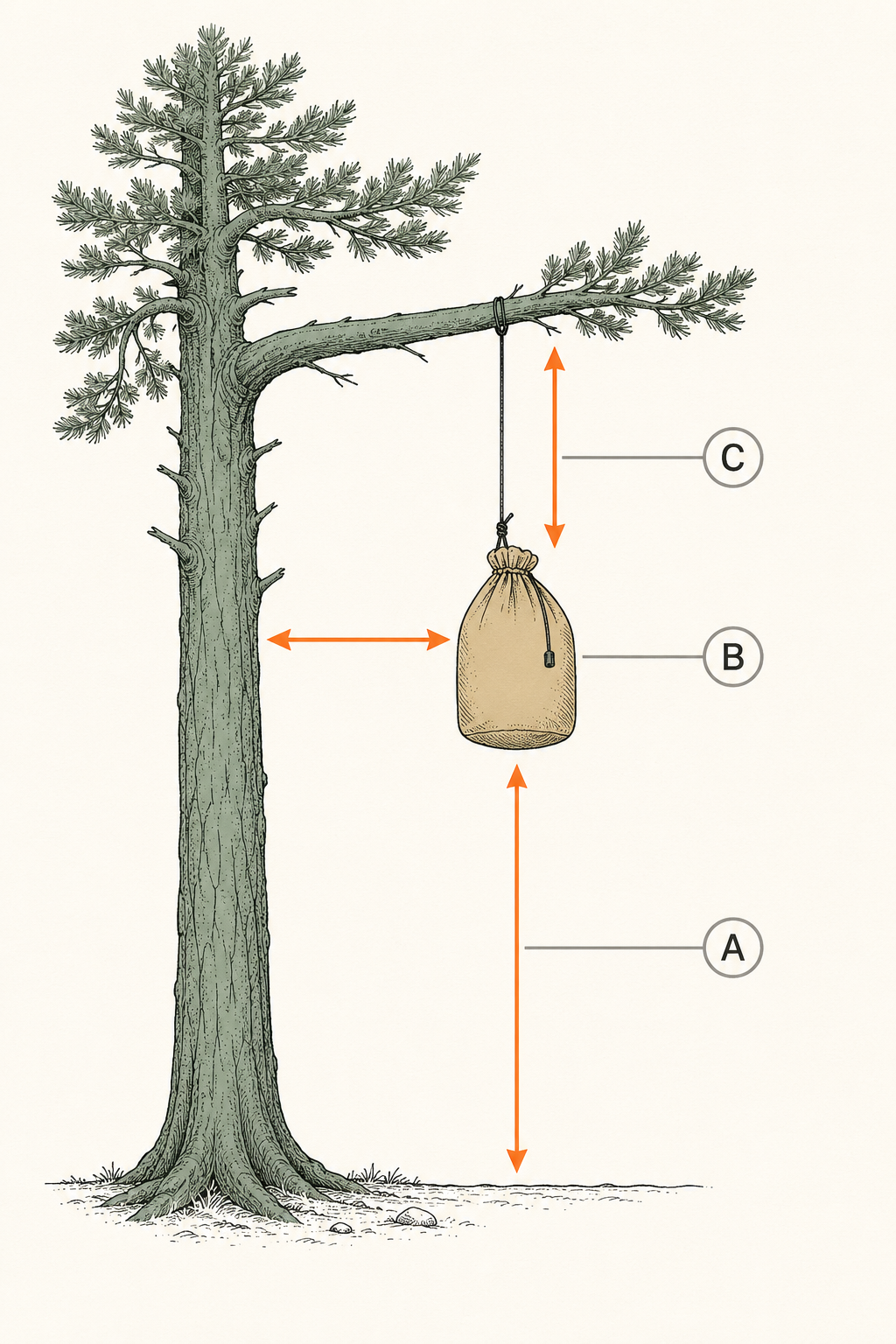 Diagram of a properly hung bear bag showing it 10-12 feet high and 4-6 feet from the trunk and branch
