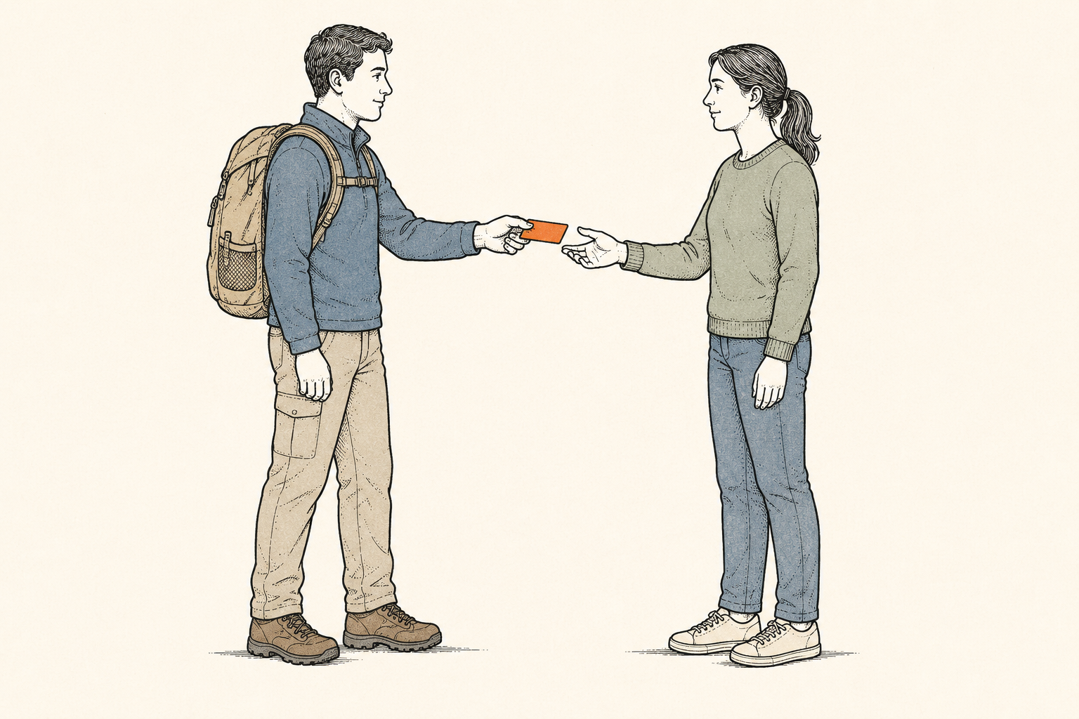 A hiker wearing a daypack handing a small trip-plan card to another person before setting off