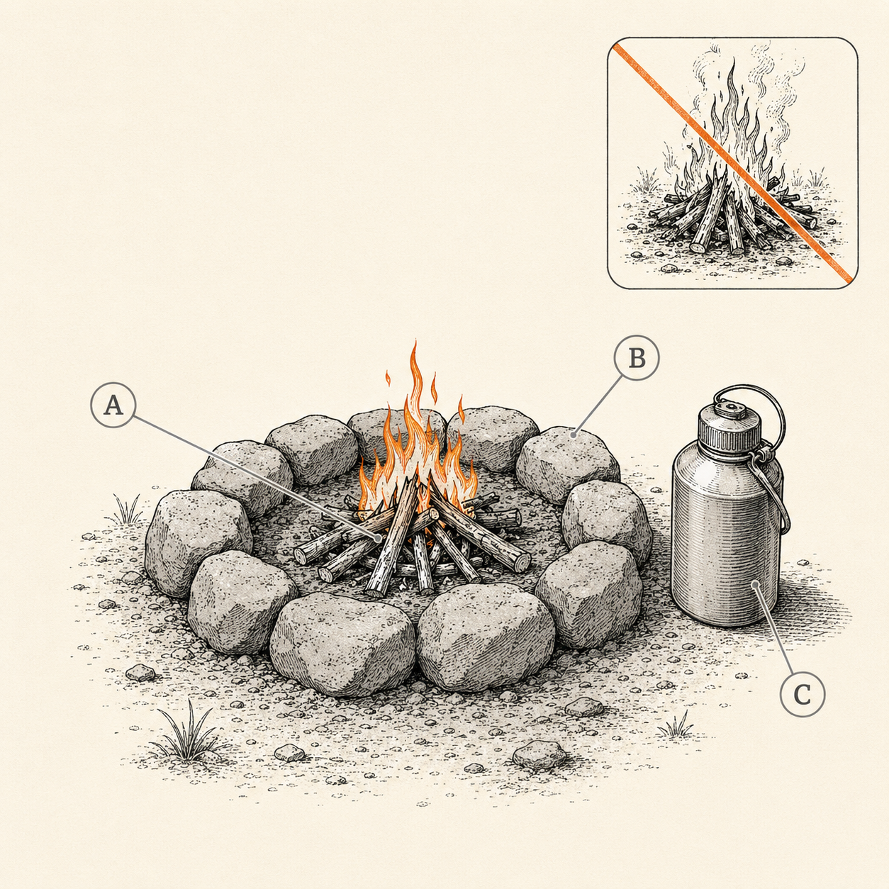 A small campfire built low in an existing stone fire ring with a water container beside it for extinguishing