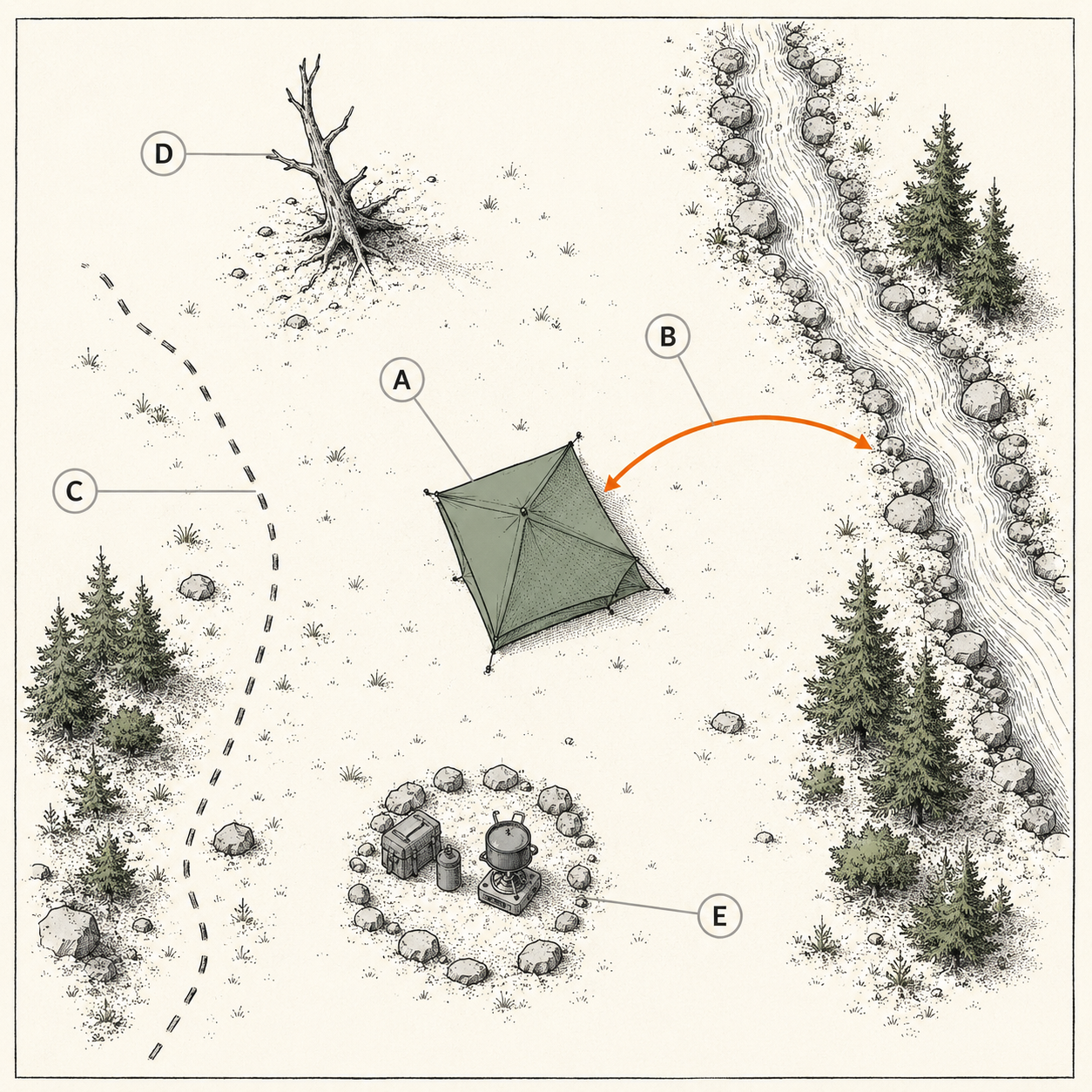 Overhead diagram of campsite selection showing a tent placed 200 feet from a stream, away from the trail, clear of dead trees, on flat durable ground