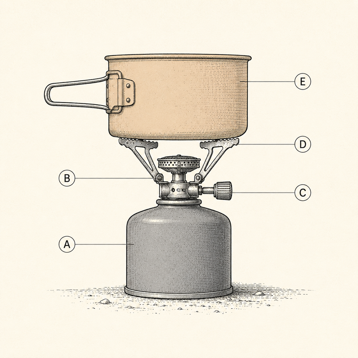 Diagram of an assembled canister backpacking stove showing the burner, valve, fuel canister, and a pot on the supports