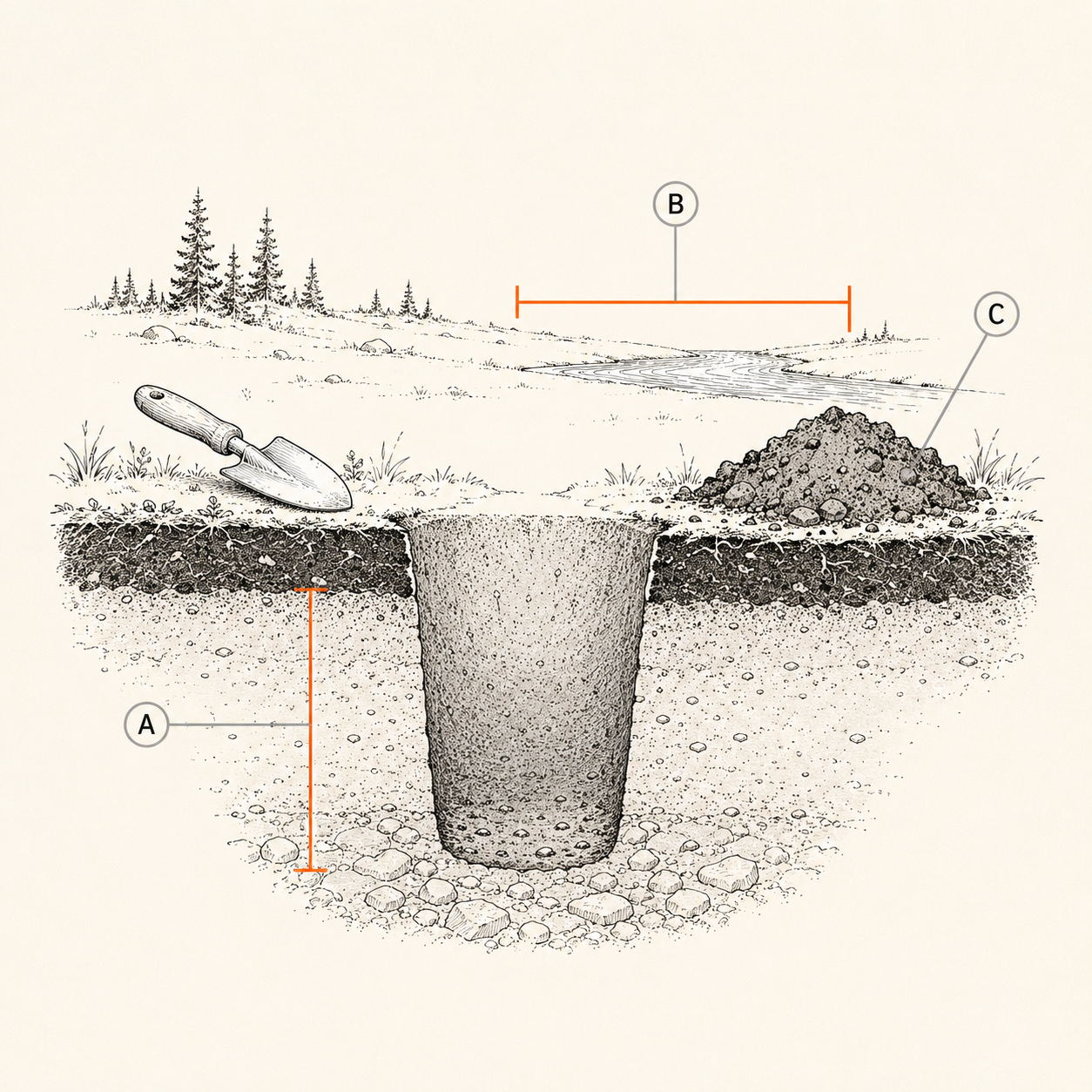 Cross-section diagram of a cathole showing 6-8 inch depth, dug 200 feet from water with a trowel and the dirt piled beside it