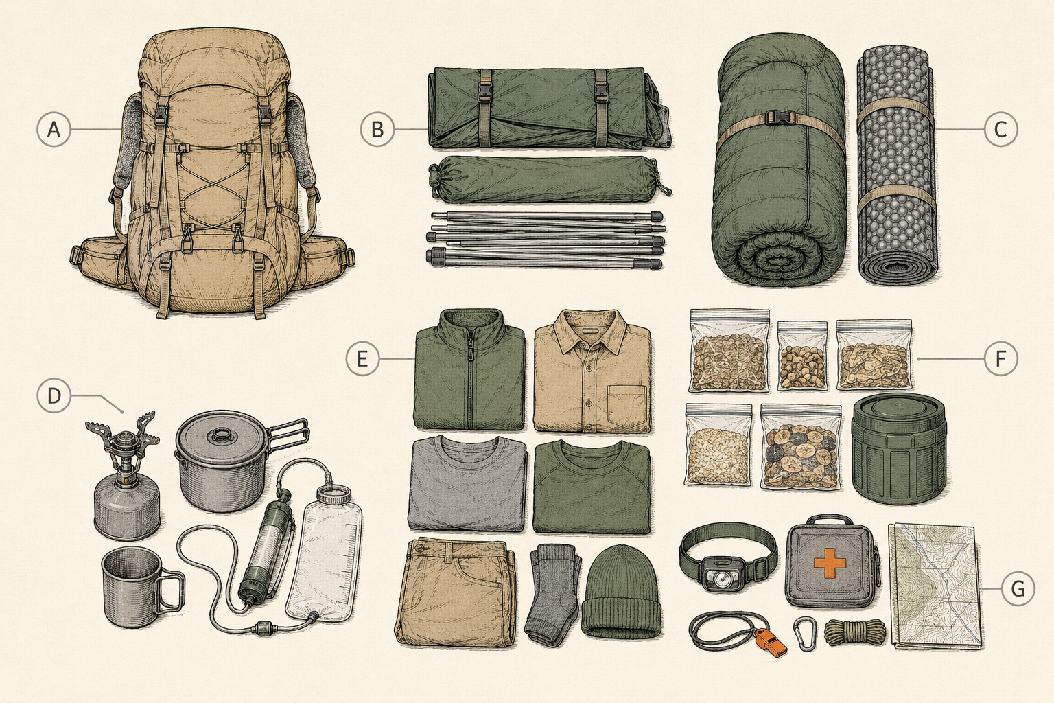 A complete first-overnight backpacking kit laid out in organized groups: pack, shelter, sleep system, kitchen, water, clothing, and safety items