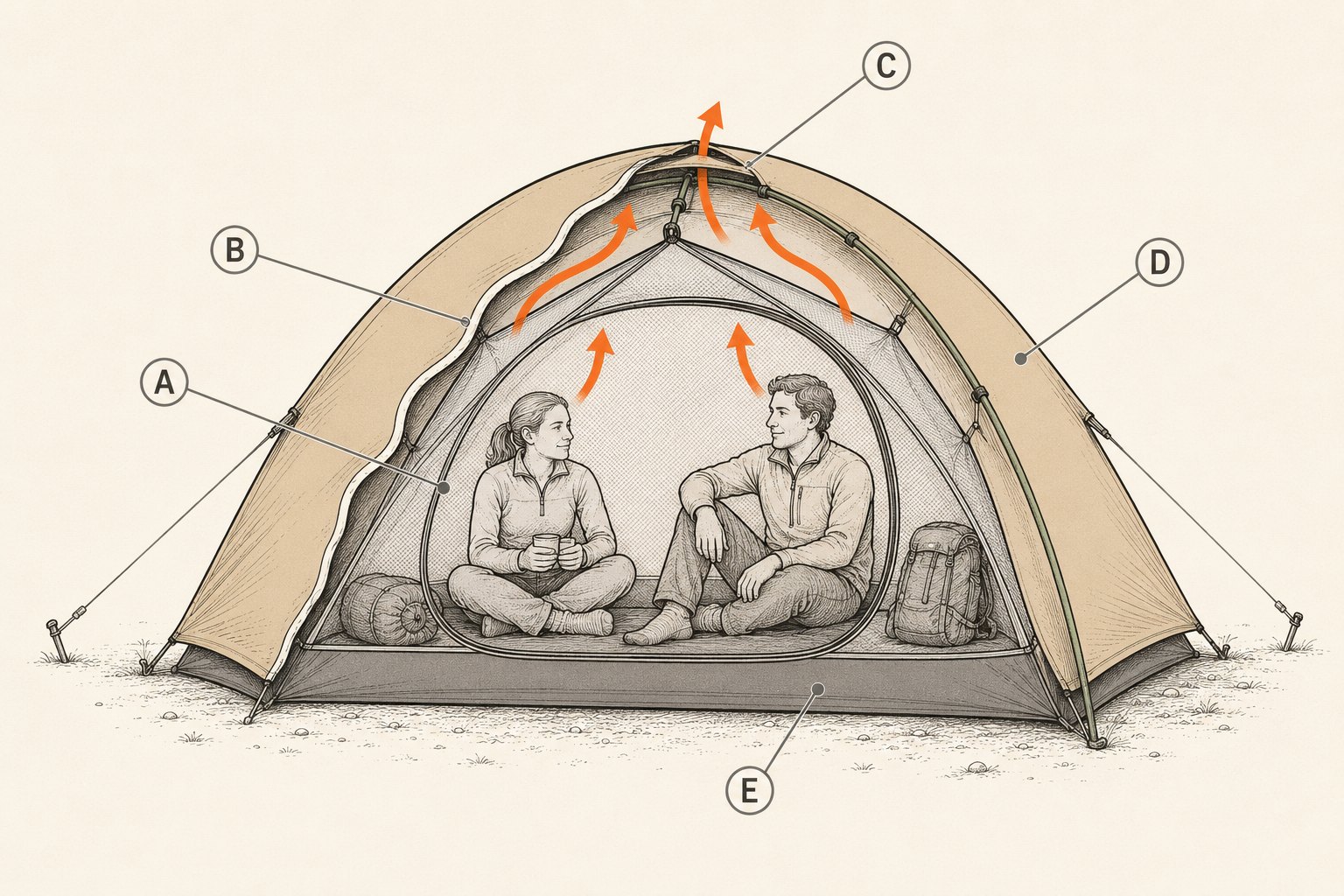Cutaway of a double-wall backpacking tent showing the mesh inner tent, the waterproof rainfly above it, and the airflow gap that vents condensation