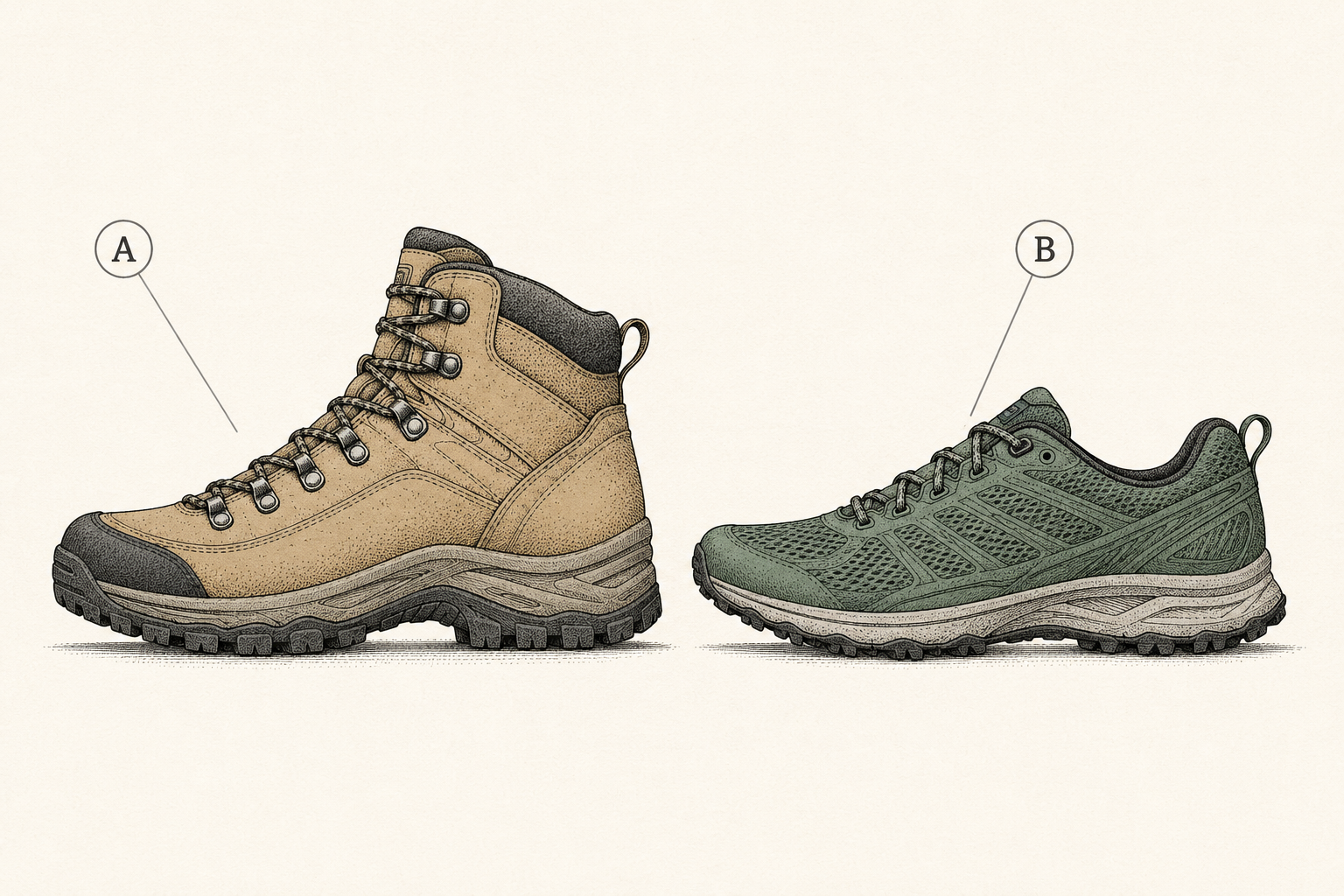 A hiking boot and a trail running shoe drawn side by side at the same scale for comparison
