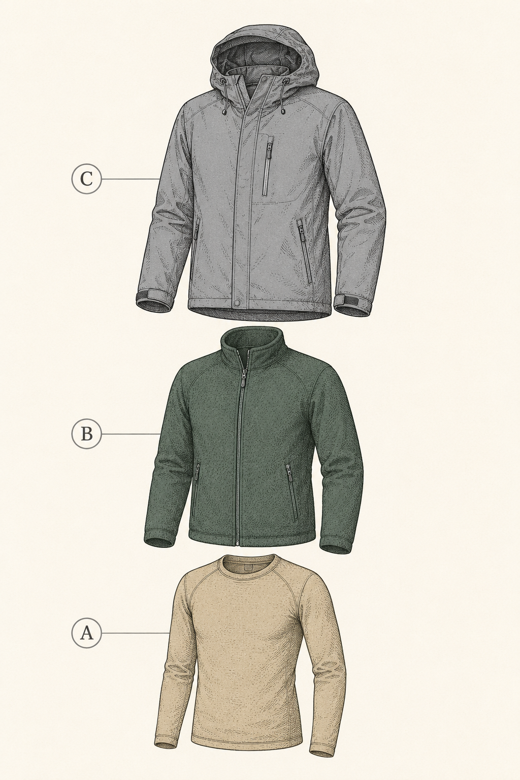Exploded diagram of the three-layer hiking clothing system showing base layer, insulating midlayer, and outer shell separated vertically
