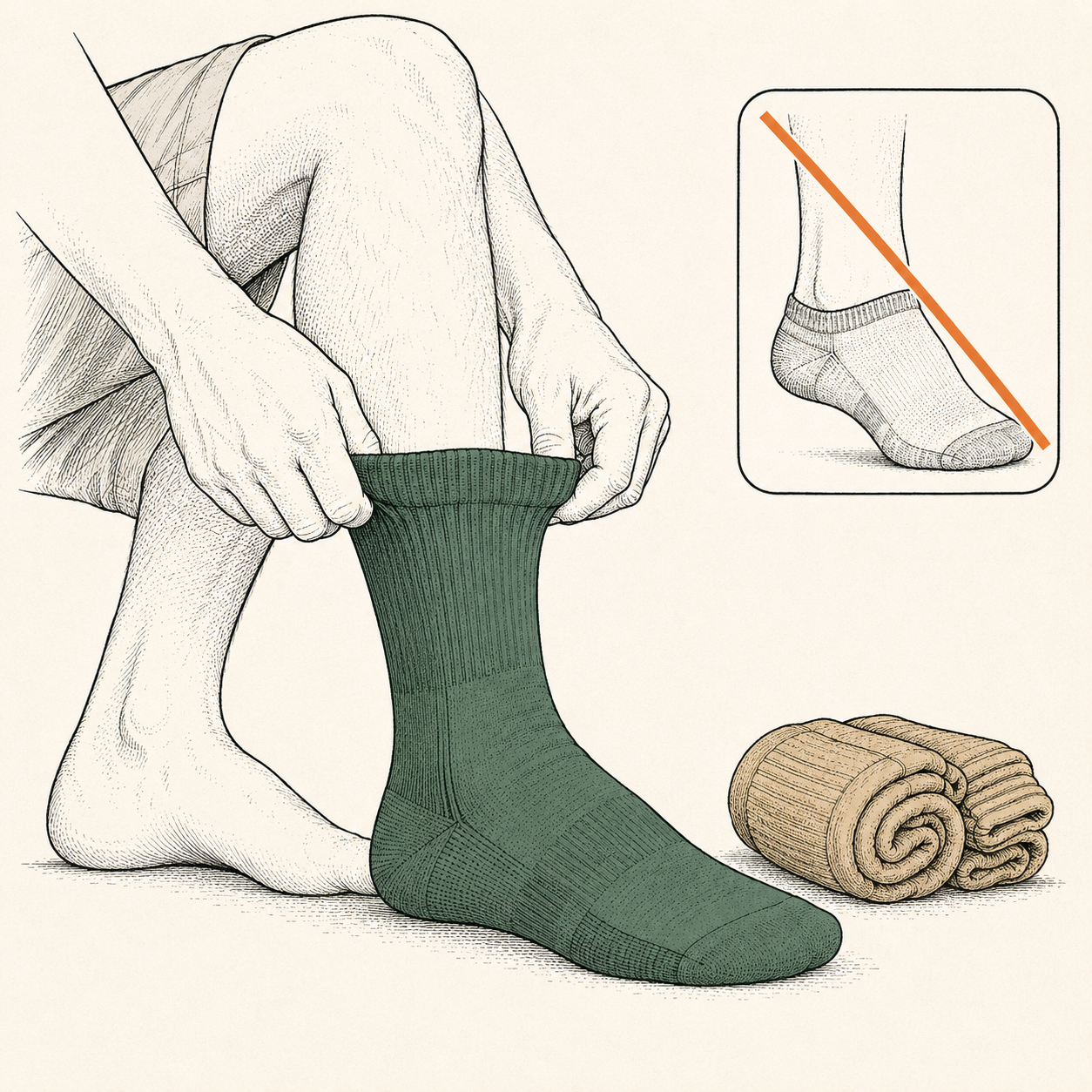 Hands pulling a merino hiking sock onto a foot with a spare rolled pair beside