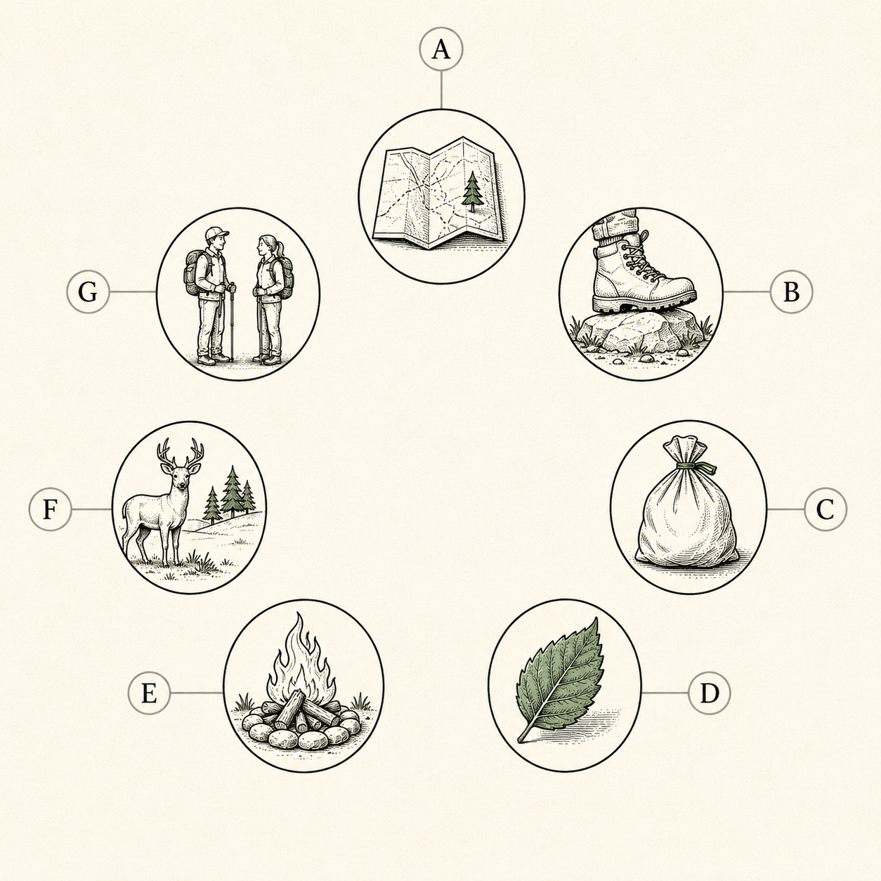 A visual list of the seven Leave No Trace principles arranged around a central icon