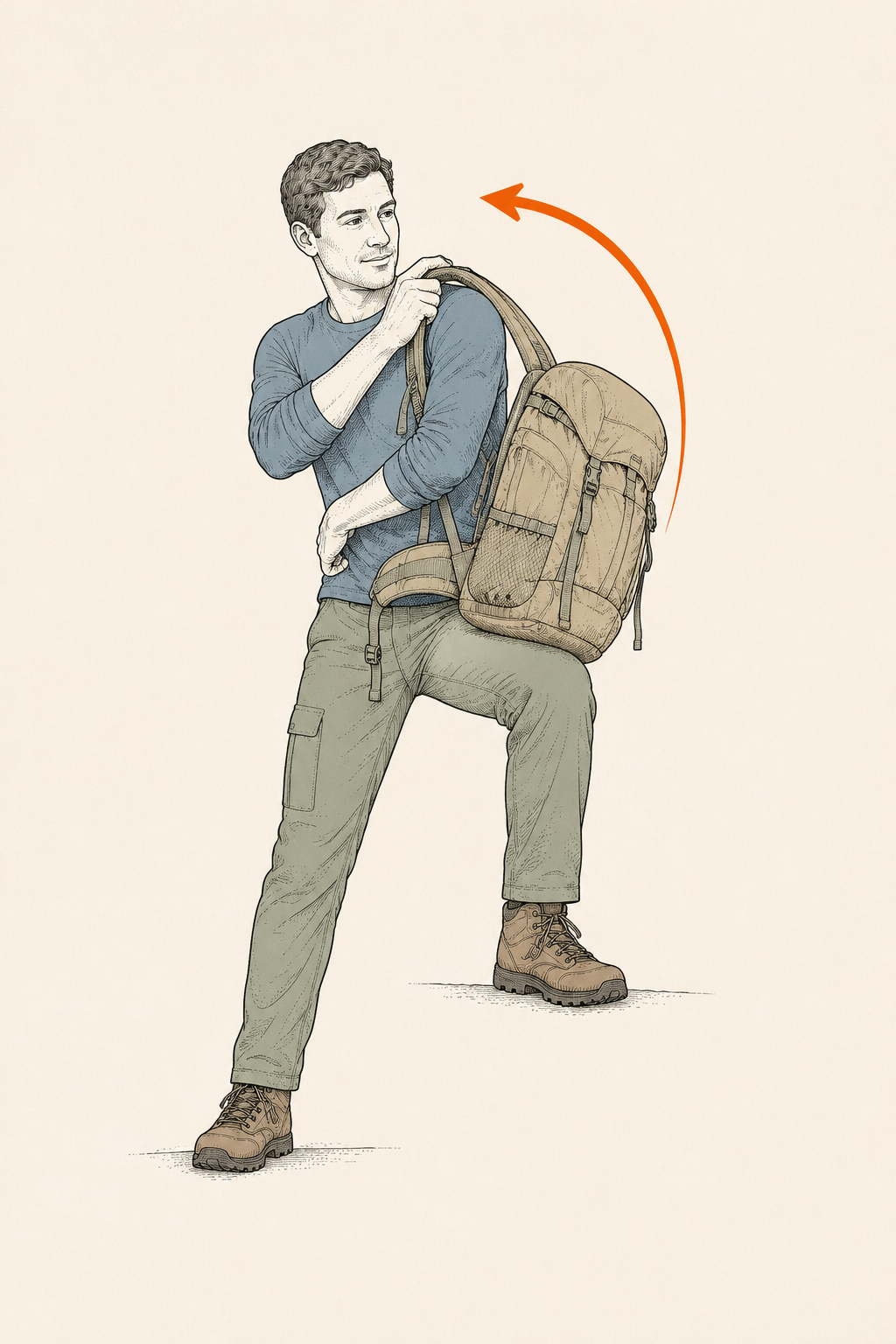A hiker resting a loaded backpack on a bent knee while threading one arm through a shoulder strap