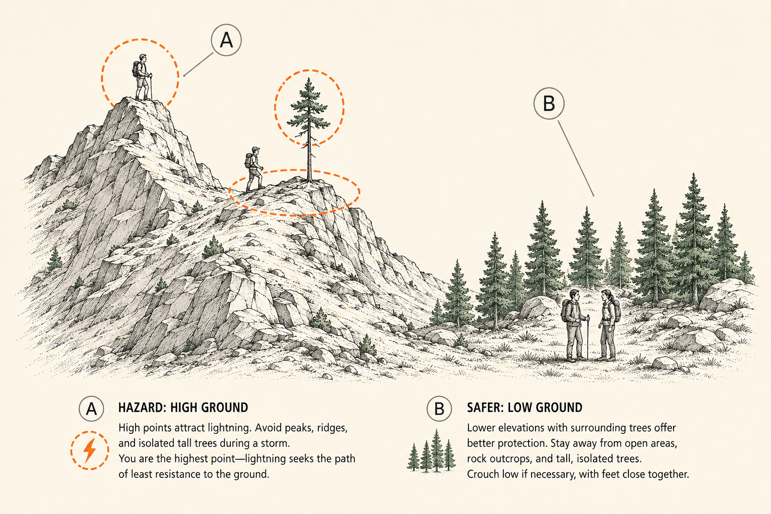 Diagram showing dangerous and safer terrain in a lightning storm: avoid peaks, ridges, and lone trees; descend to lower uniform ground