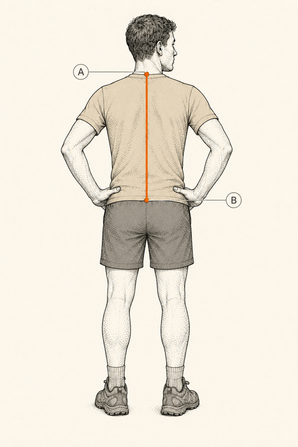 Diagram of a figure's back showing torso length measured from the C7 neck vertebra down to the top of the hip bones