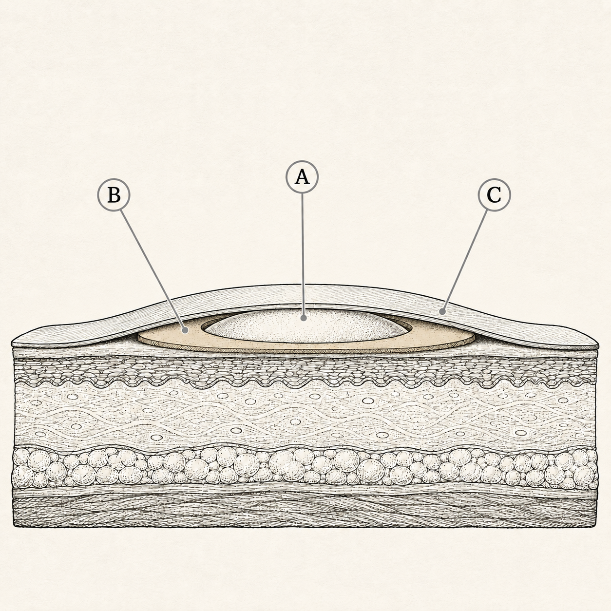 Diagram of the moleskin donut method showing a ring of padding around a blister with tape layered over it