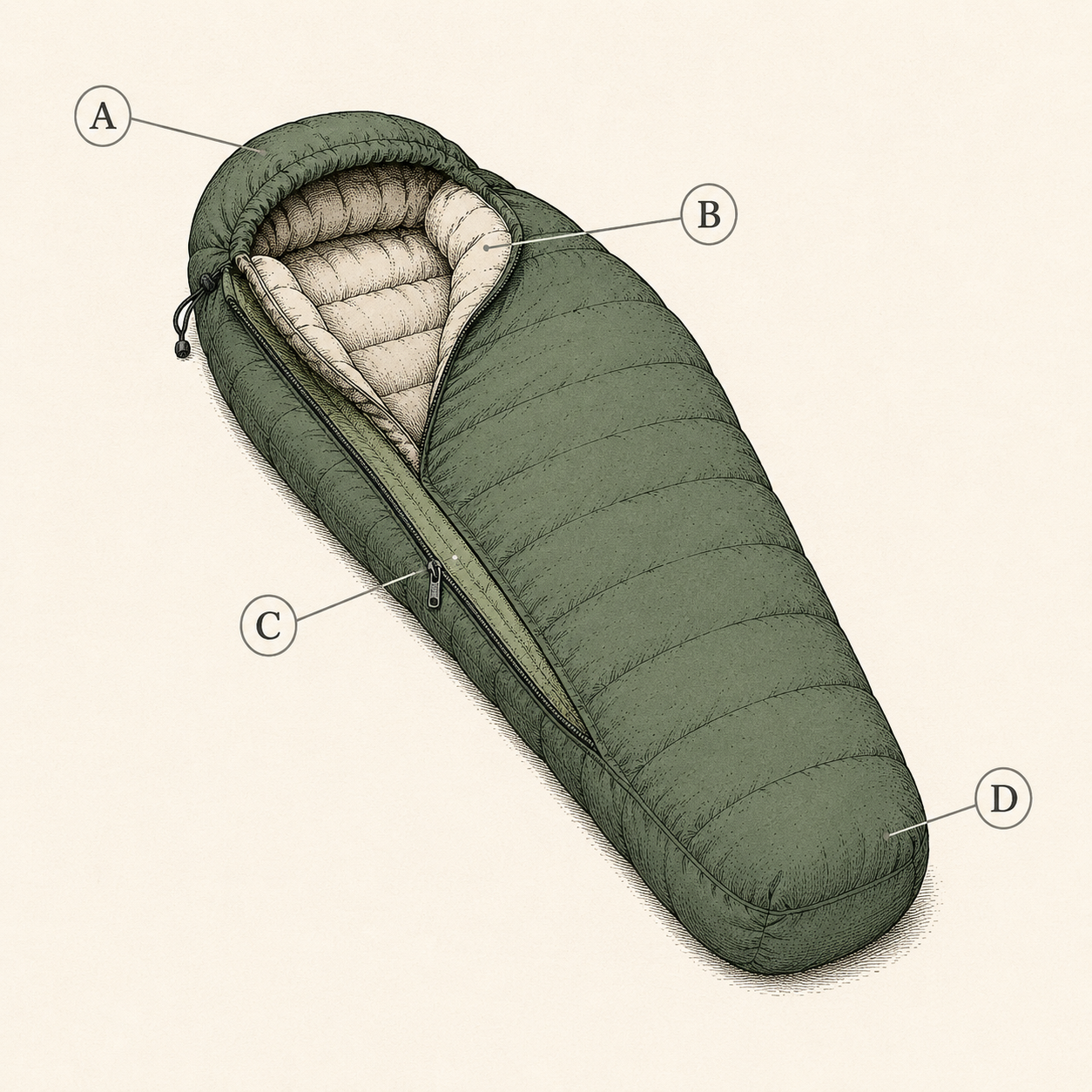 Diagram of a mummy sleeping bag showing the hood, draft collar, insulated zipper baffle, and tapered foot box