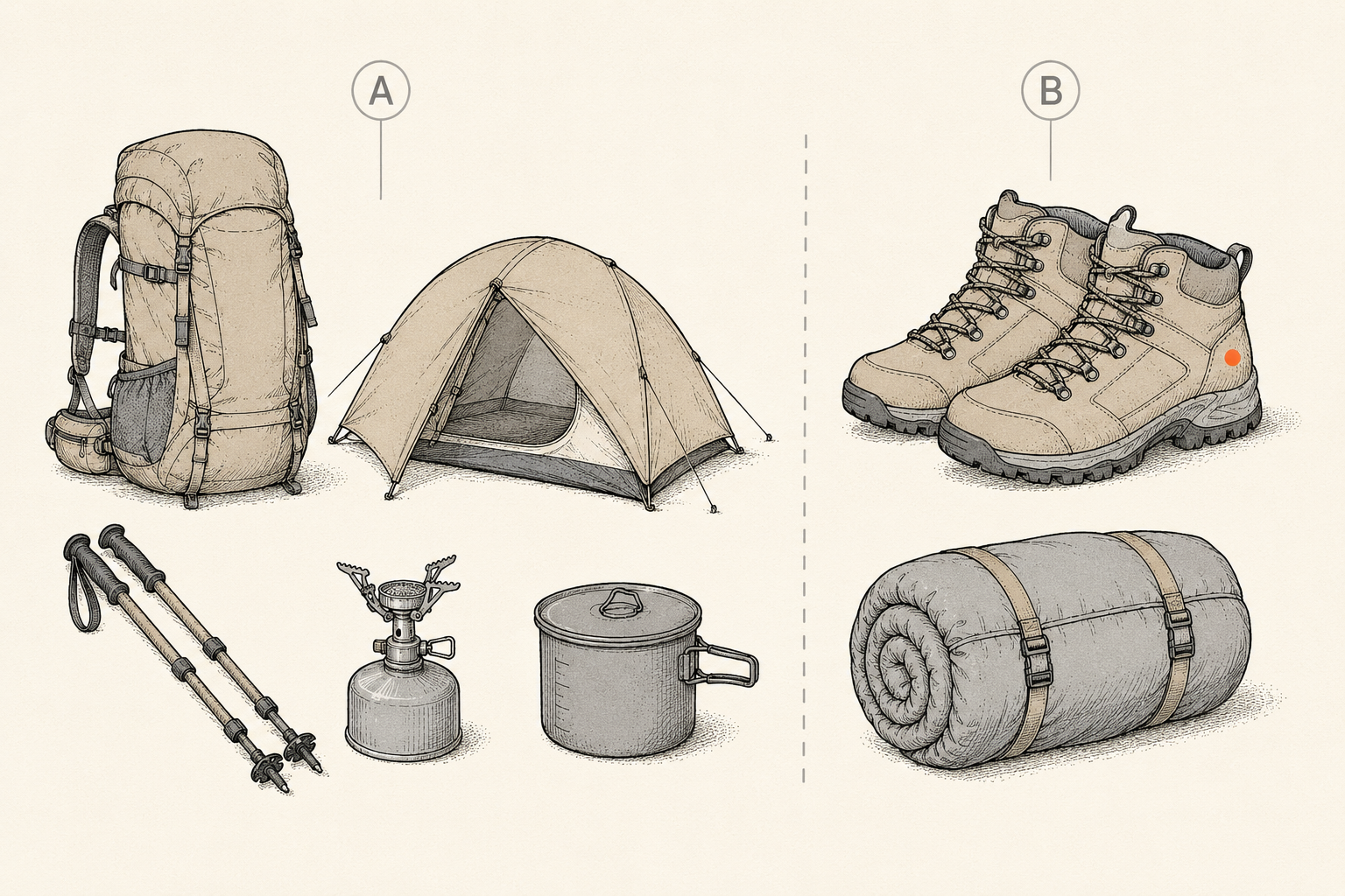 A guide showing which backpacking gear to buy used and which to buy new, with icons for packs, tents, and boots