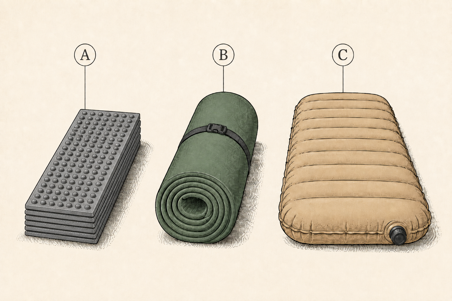 Three sleeping pad types drawn side by side: a folded closed-cell foam pad, a self-inflating pad, and an inflatable air pad
