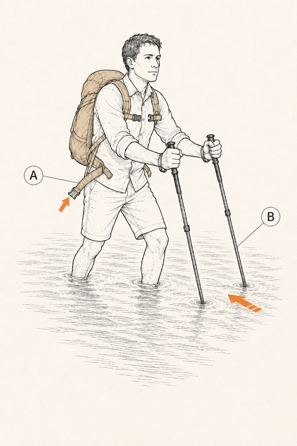 A hiker crossing a stream facing upstream with trekking poles planted, pack hip belt unbuckled, feet shuffling across