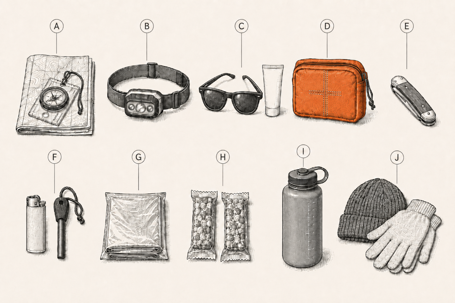 The ten essential systems for hiking laid out in a catalog grid: navigation, headlamp, sun protection, first aid, knife, fire, shelter, and extra food, water, and clothing