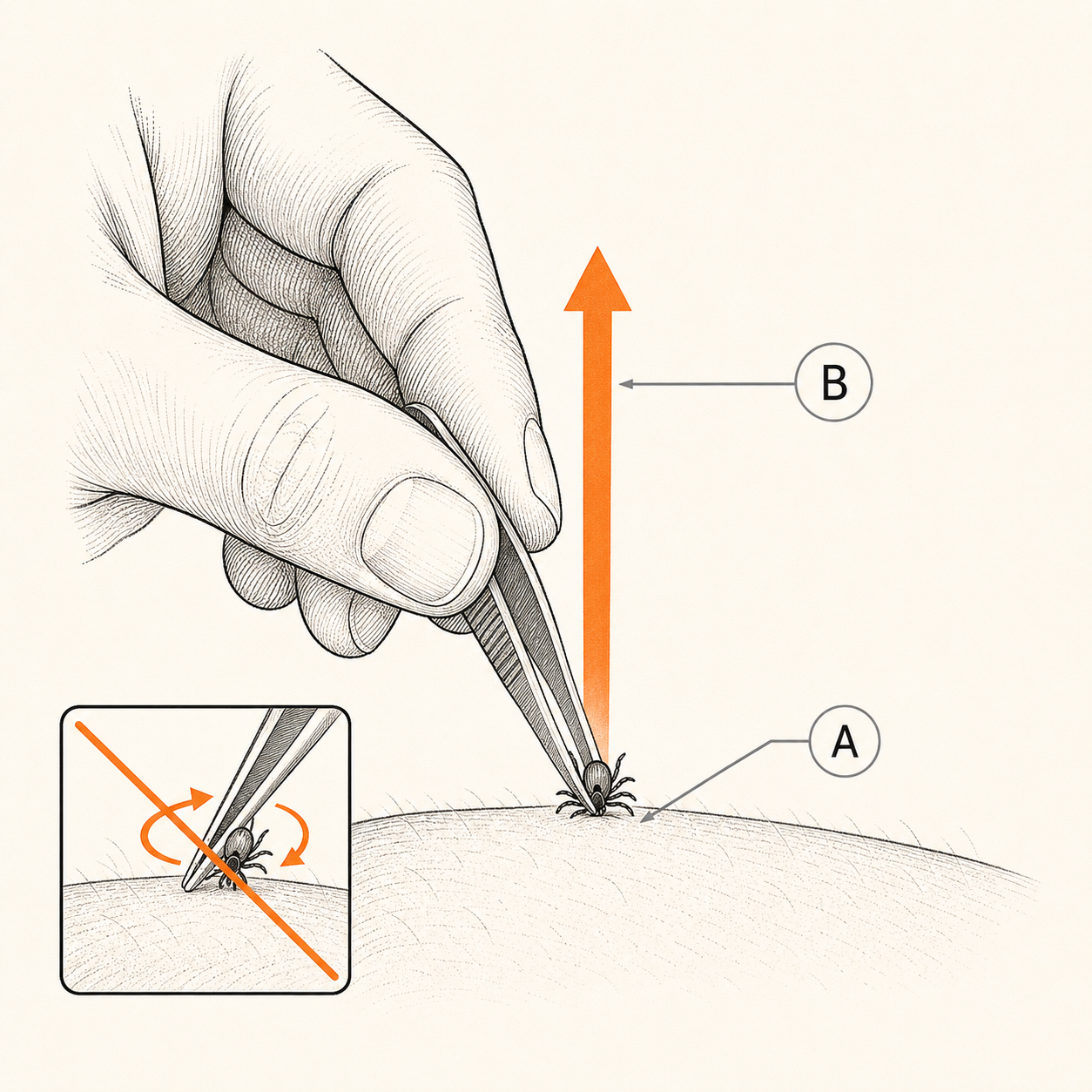Close-up diagram of removing a tick with fine-tipped tweezers grasping close to the skin and pulling straight up