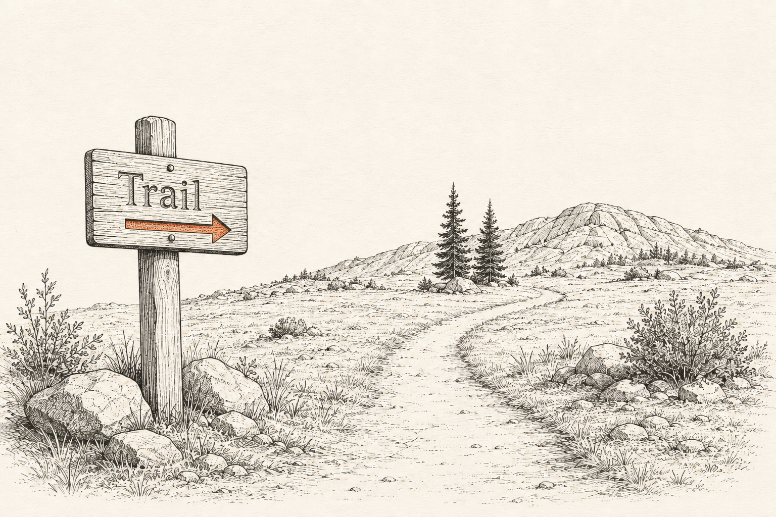 A trailhead with a wooden sign where a single track leads away toward sparse conifers and distant granite
