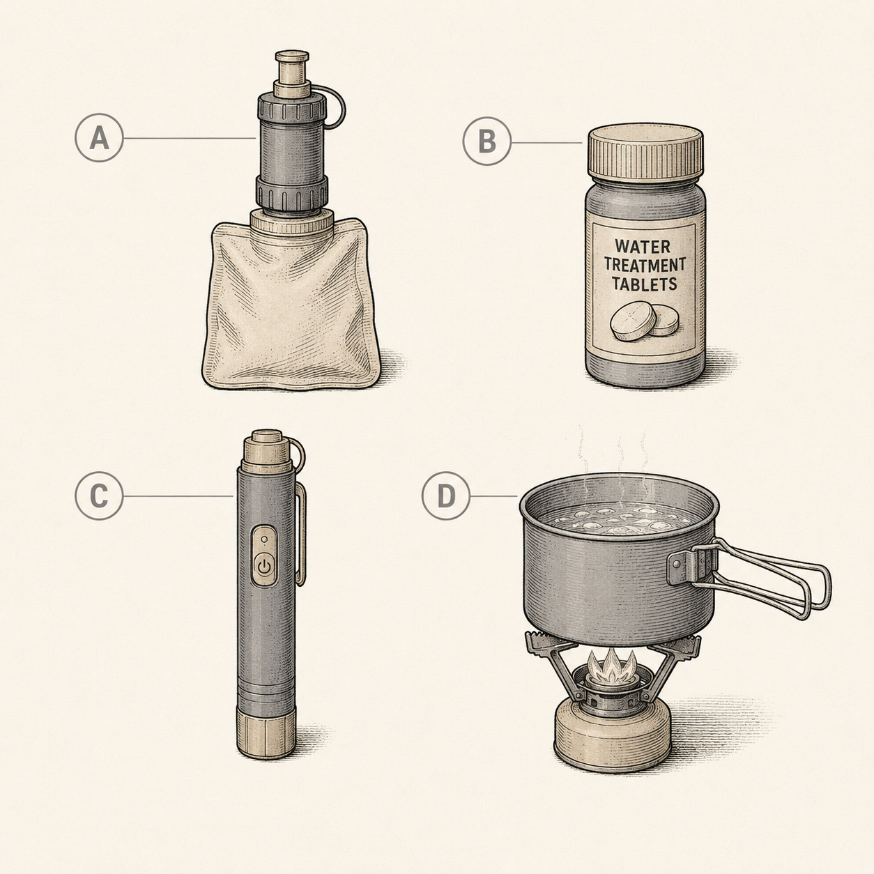 Diagram comparing four water treatment methods for backpacking: filter, chemical tablets, UV light, and boiling