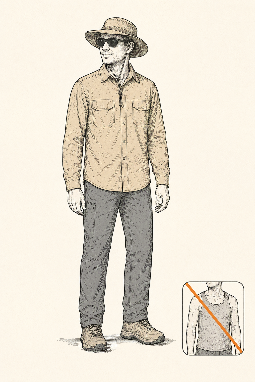 A hiker dressed for hot sun in a brimmed hat, loose long-sleeve shirt, and hiking pants, with sunglasses